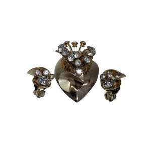 Vintage Demi Parure Gold Tone Rhinestone Earrings and Brooch